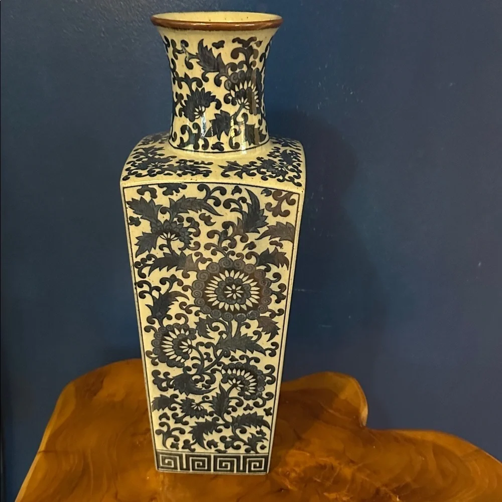 Vintage Takahashi Japanese Blue Floral Vase - Greek Key Design along Base 14”